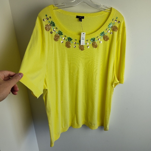 New Talbots Pineapple Embroidered shortsleeve sweater cotton yellow 3X plus size - Picture 10 of 12